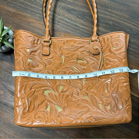 Adeline Cognac Tan Brown Gold Tooled Cutout Leather Satchel shoulder tote bag - Picture 15 of 16
